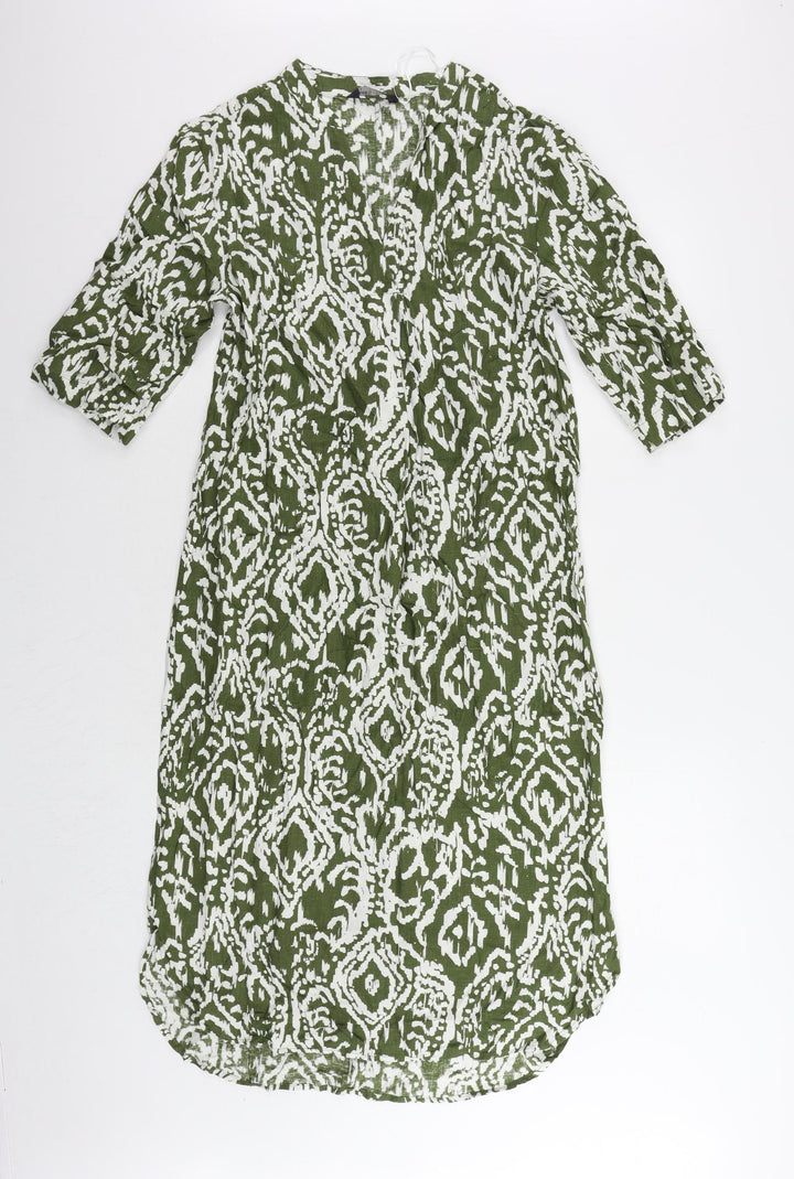 Marks and Spencer Womens Green Geometric Linen A-Line Size 8 V-Neck Pullover