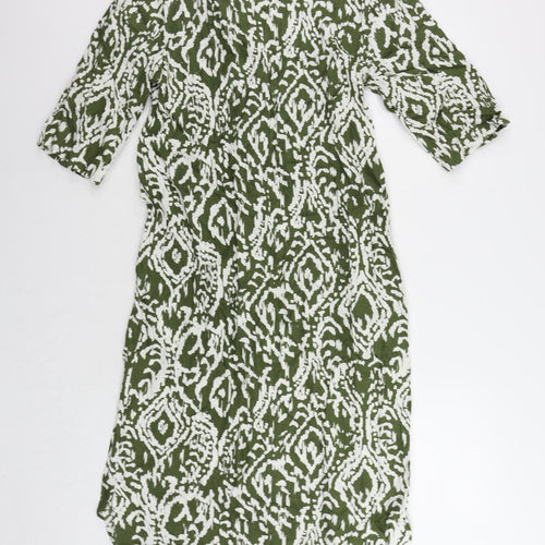 Marks and Spencer Womens Green Geometric Linen A-Line Size 8 V-Neck Pullover
