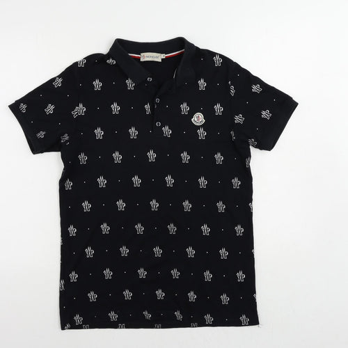 Moncler Mens Black Geometric Cotton Polo Size M Collared Button - Logo