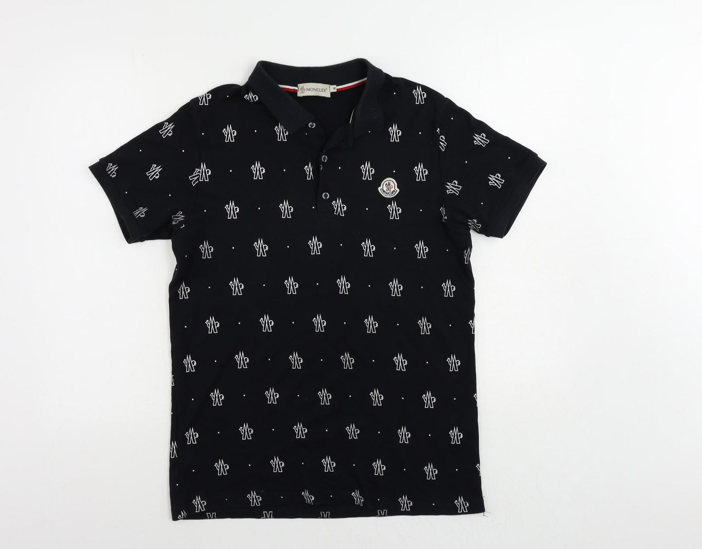 Moncler Mens Black Geometric Cotton Polo Size M Collared Button - Logo