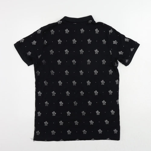 Moncler Mens Black Geometric Cotton Polo Size M Collared Button - Logo