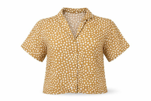 Front view of Lindex women’s brown animal print viscose basic button-up, size M, collared