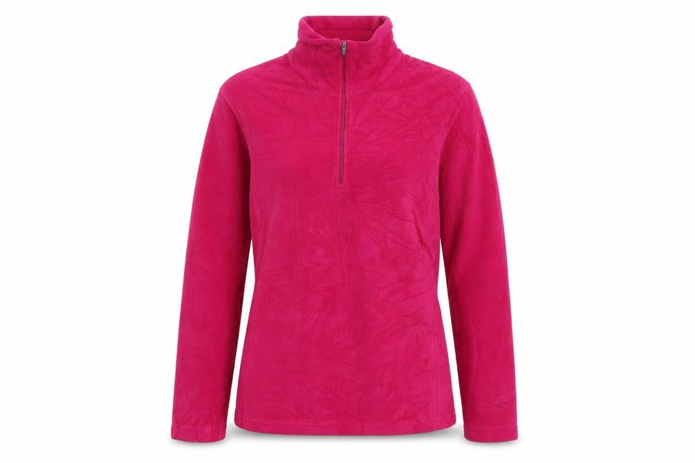 Front view of Snow Rock women’s pink polyester pullover sweatshirt, size S, zip