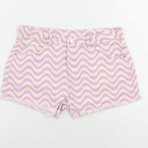 Marks and Spencer Girls Pink Geometric Cotton Cut-Off Shorts Size 13-14 Years Regular Zip - Pockets