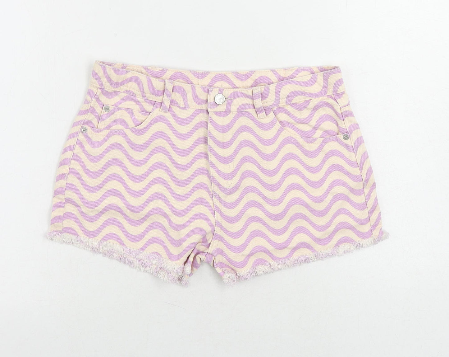 Marks and Spencer Girls Pink Geometric Cotton Cut-Off Shorts Size 13-14 Years Regular Zip - Pockets