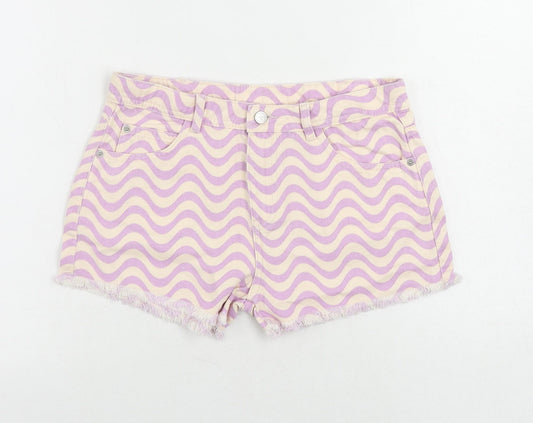 Marks and Spencer Girls Pink Geometric Cotton Cut-Off Shorts Size 13-14 Years Regular Zip - Pockets