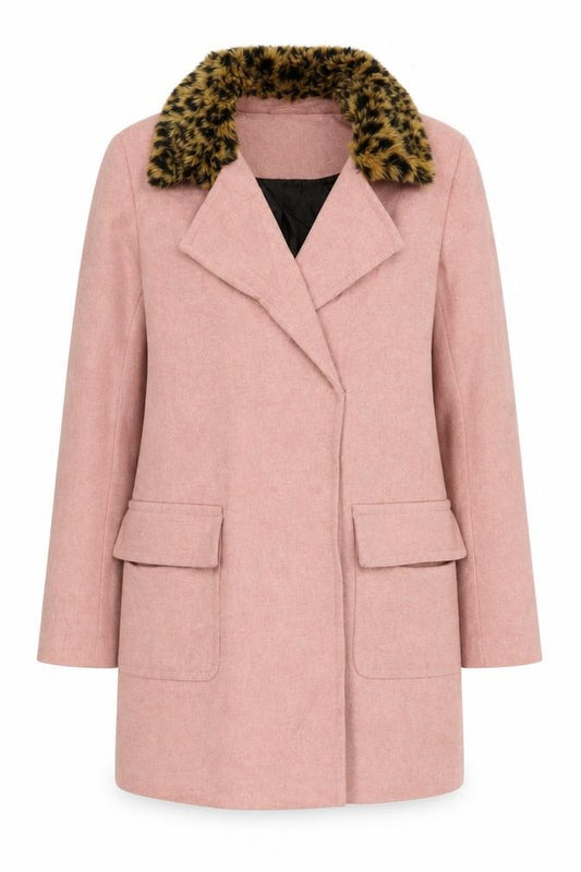 Front view of ASOS women’s pink pea coat coat, size UK 10, button - faux fur collar