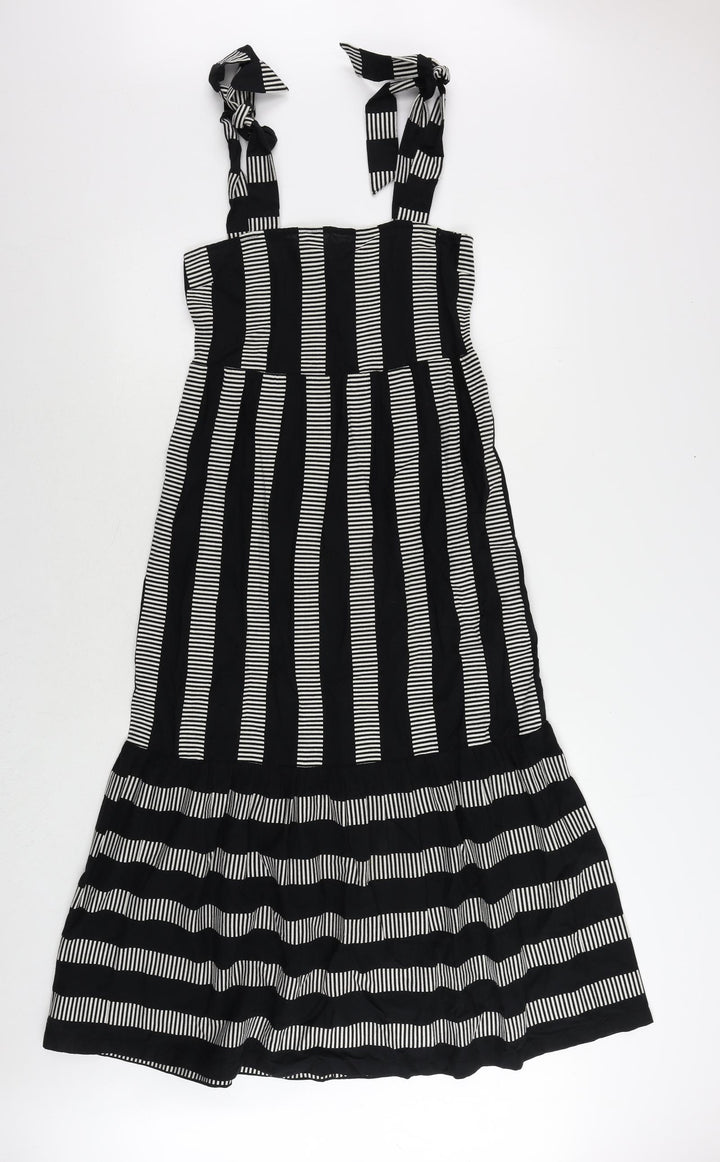 Marks and Spencer Womens Black Striped Cotton Maxi Size 8 Square Neck Pullover - Shirred Back