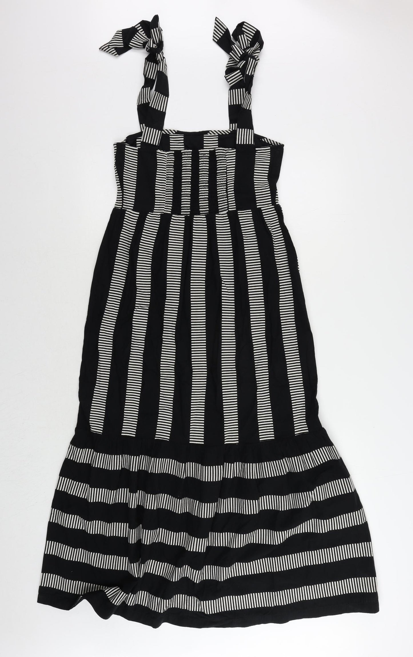 Marks and Spencer Womens Black Striped Cotton Maxi Size 8 Square Neck Pullover - Shirred Back