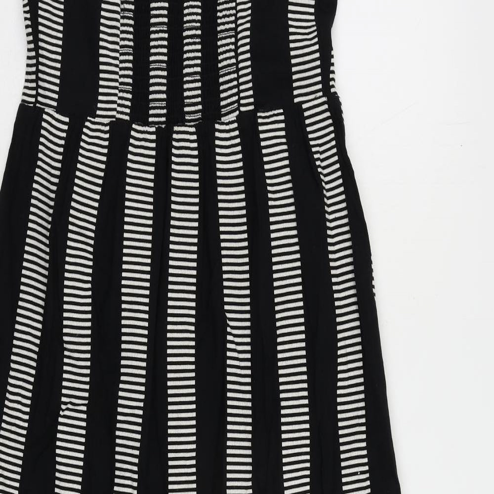 Marks and Spencer Womens Black Striped Cotton Maxi Size 8 Square Neck Pullover - Shirred Back