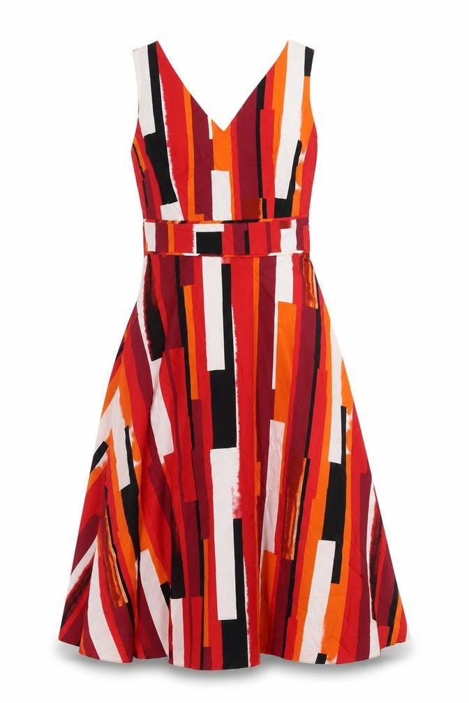 Front view of Principles women’s multicoloured geometric polyester a-line, size UK 8, v-neck zip