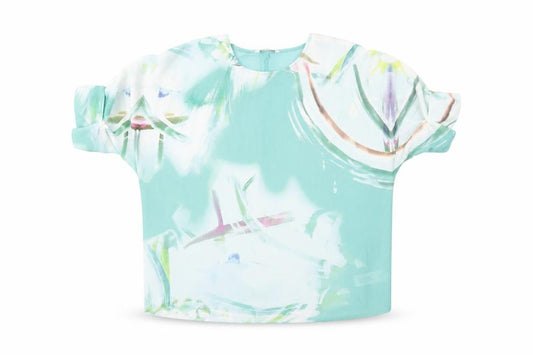 Front view of Next women’s blue geometric polyester basic blouse, size UK 12, round neck