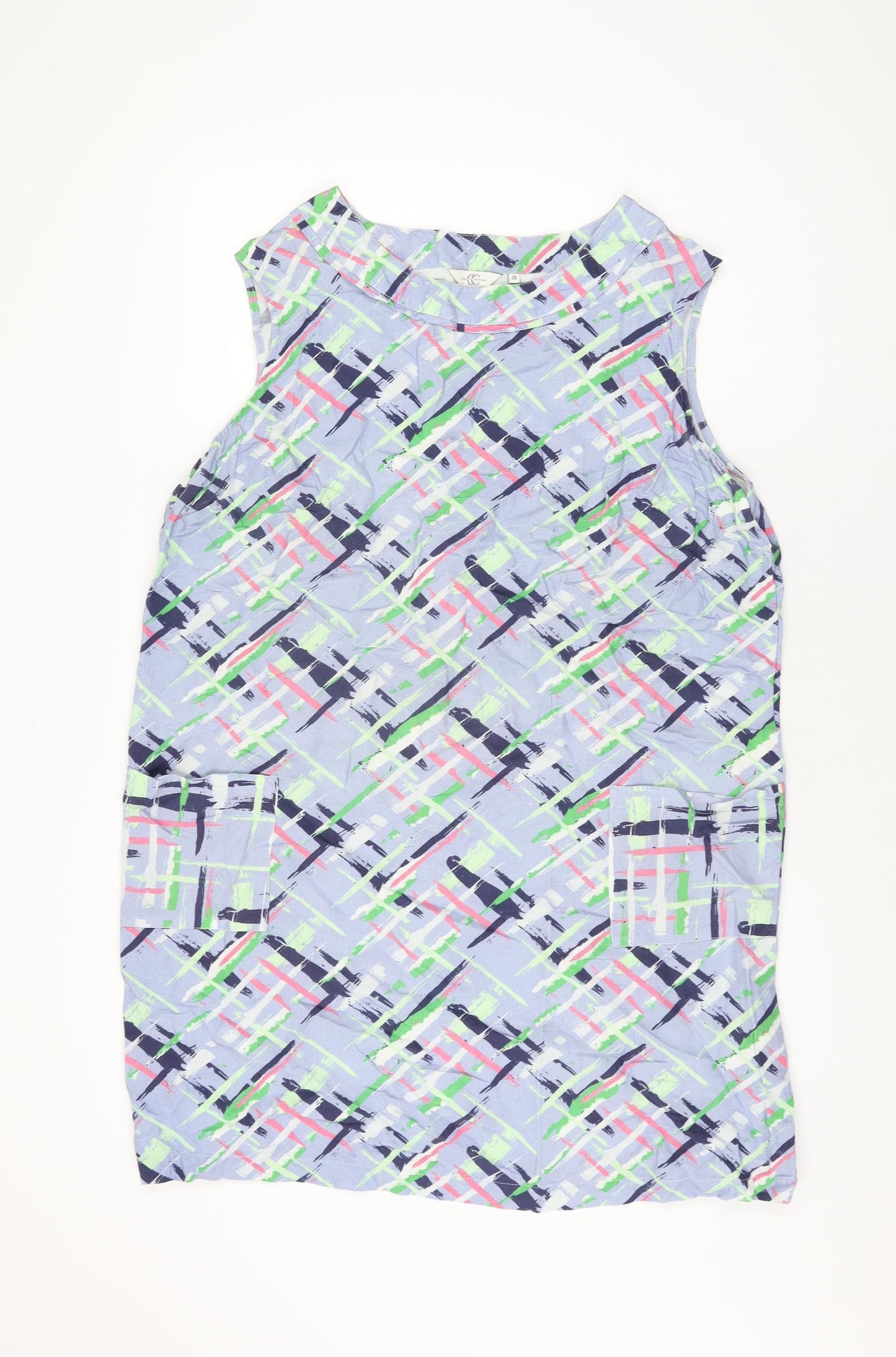 Country Casuals Womens Blue Geometric Linen Shift Size 20 Round Neck Pullover