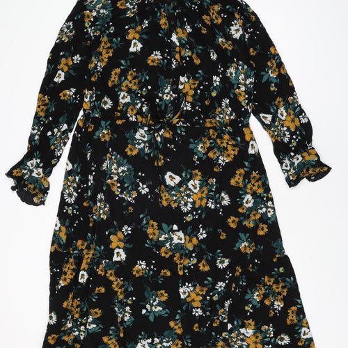 Marks and Spencer Womens Black Floral Viscose Shift Size 10 Round Neck Button