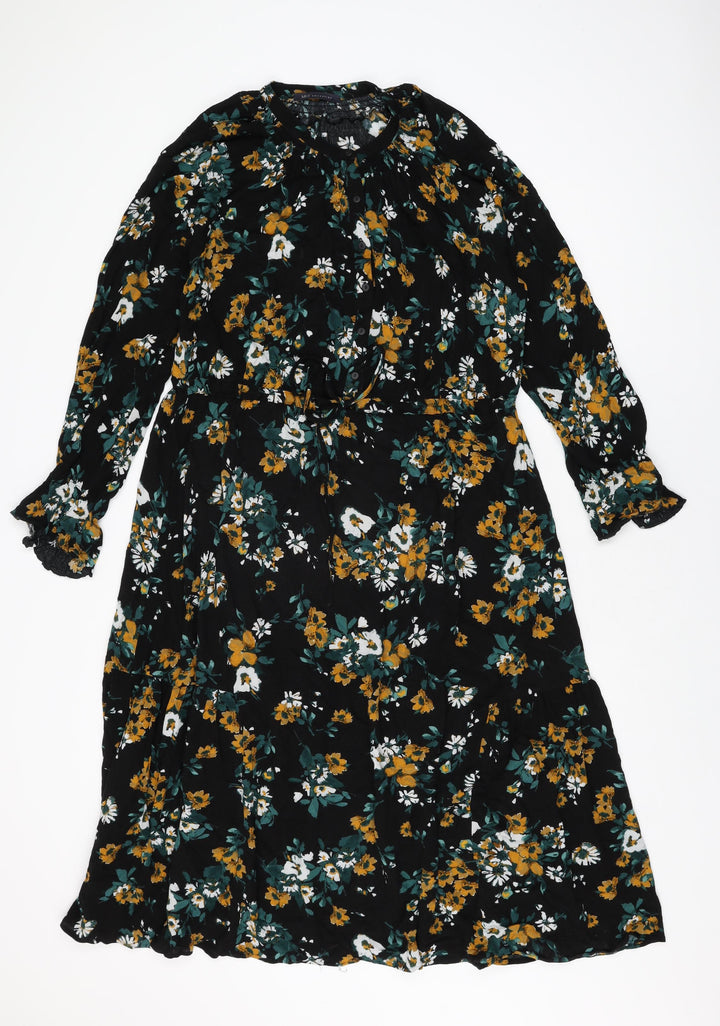 Marks and Spencer Womens Black Floral Viscose Shift Size 10 Round Neck Button