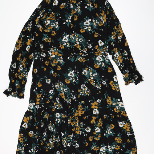 Marks and Spencer Womens Black Floral Viscose Shift Size 10 Round Neck Button