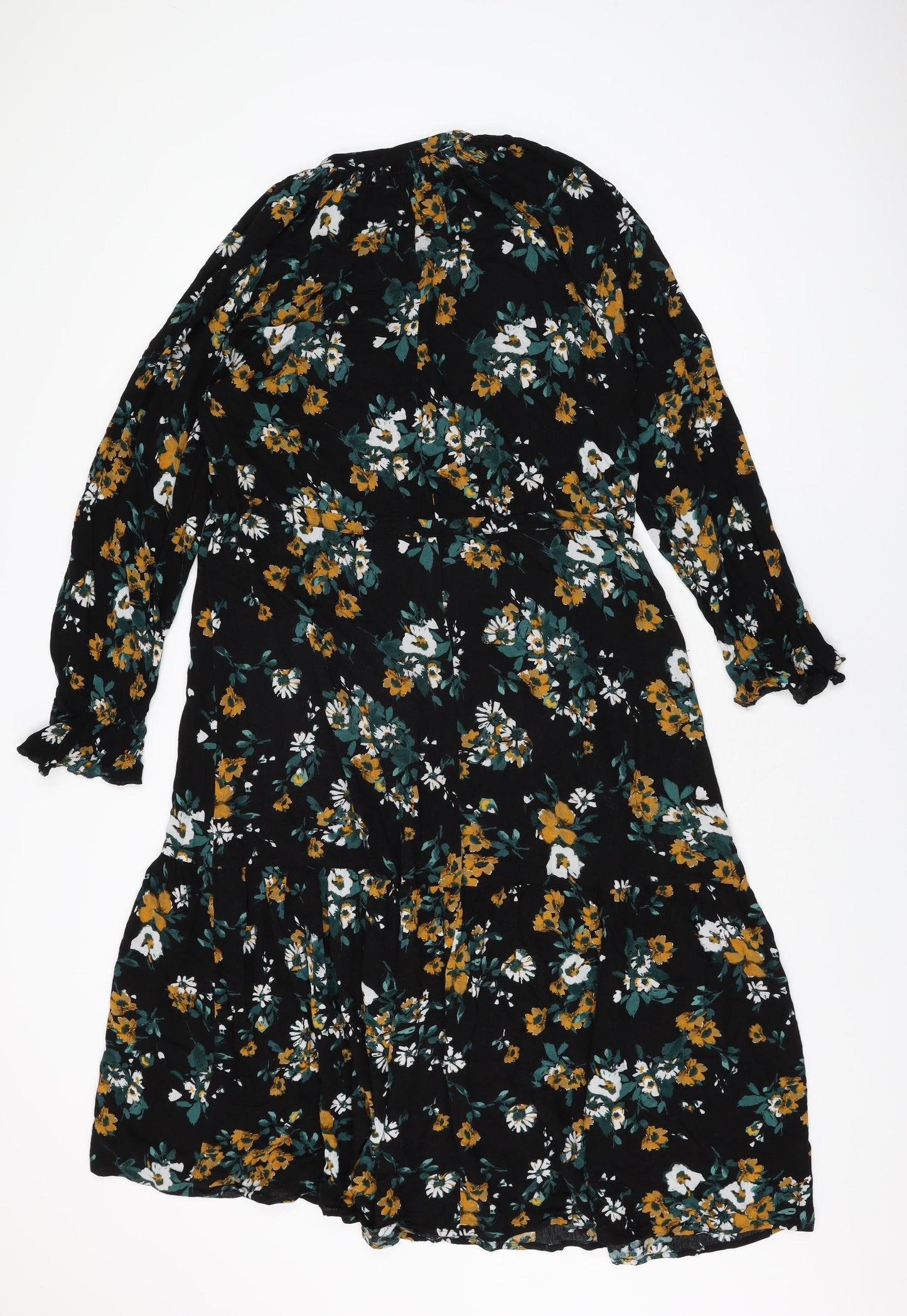 Marks and Spencer Womens Black Floral Viscose Shift Size 10 Round Neck Button