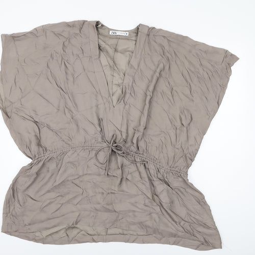Zara Womens Brown Acetate Basic Blouse Size XS V-Neck - Size XS-S
