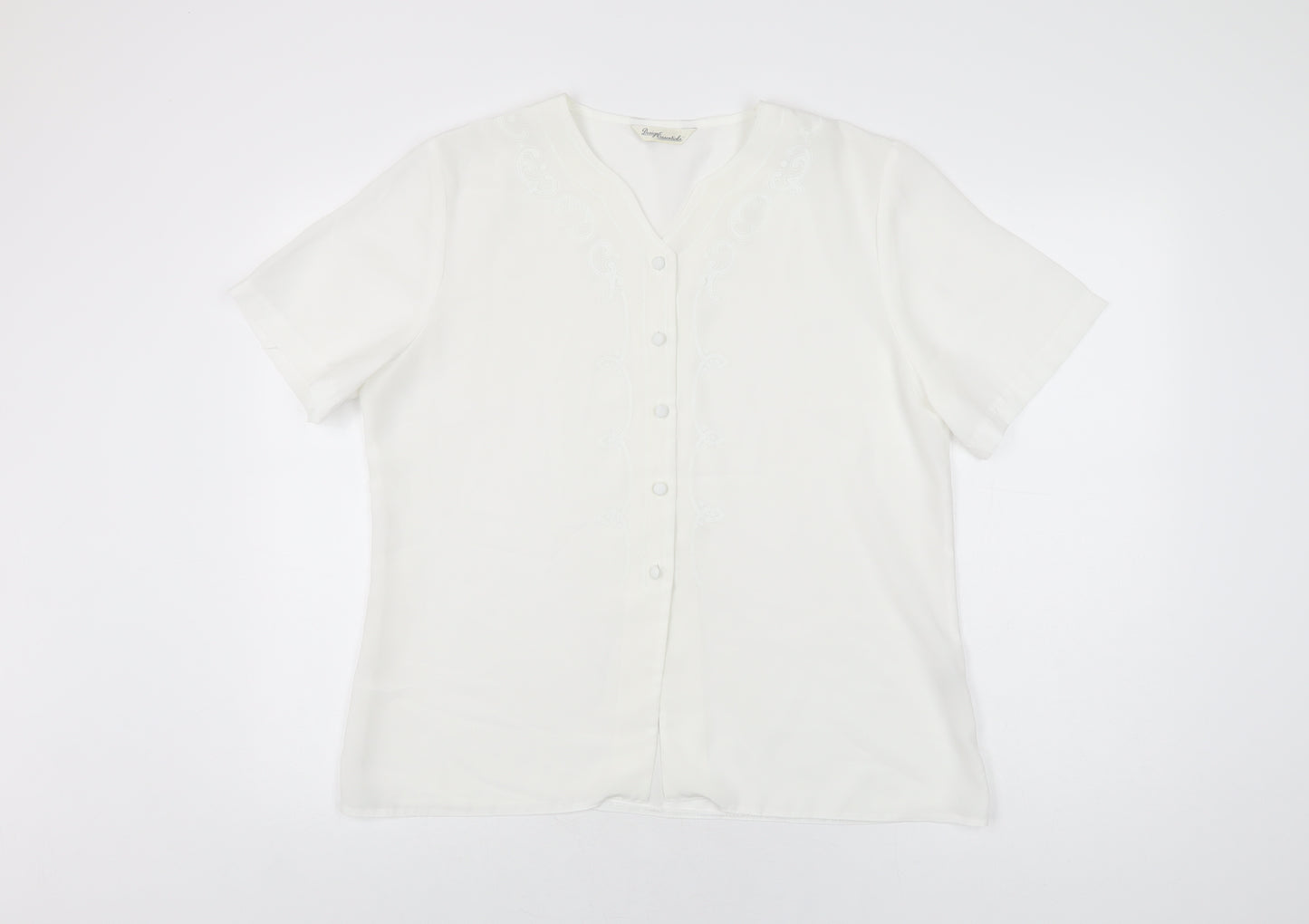 Design Essentials Womens White Geometric Polyester Basic Button-Up Size 16 V-Neck