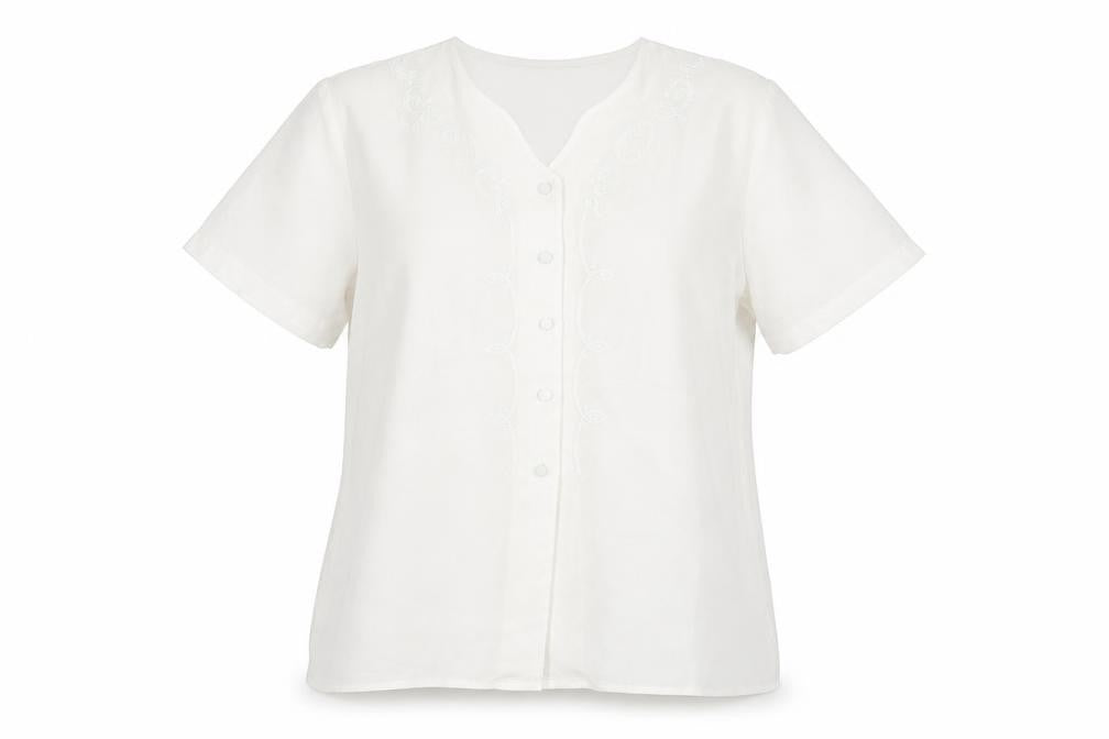 Front view of Design Essentials women’s white geometric polyester basic button-up, size UK 16, v-neck