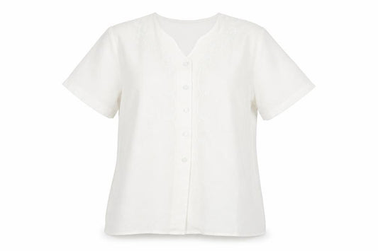 Front view of Design Essentials women’s white geometric polyester basic button-up, size UK 16, v-neck