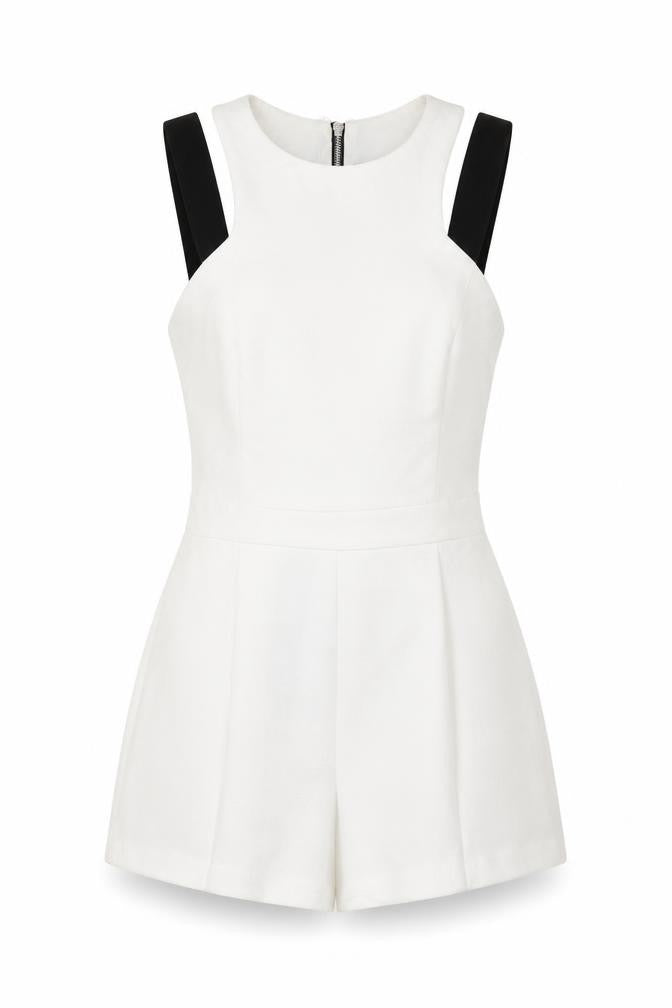 Front view of River Island women’s white floral polyester playsuit one-piece, size UK 8, 3-inch leg zip