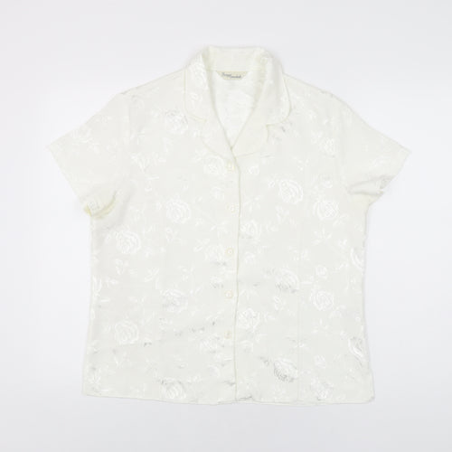 Design Essentials Womens White Floral Polyester Basic Button-Up Size 14 Collared
