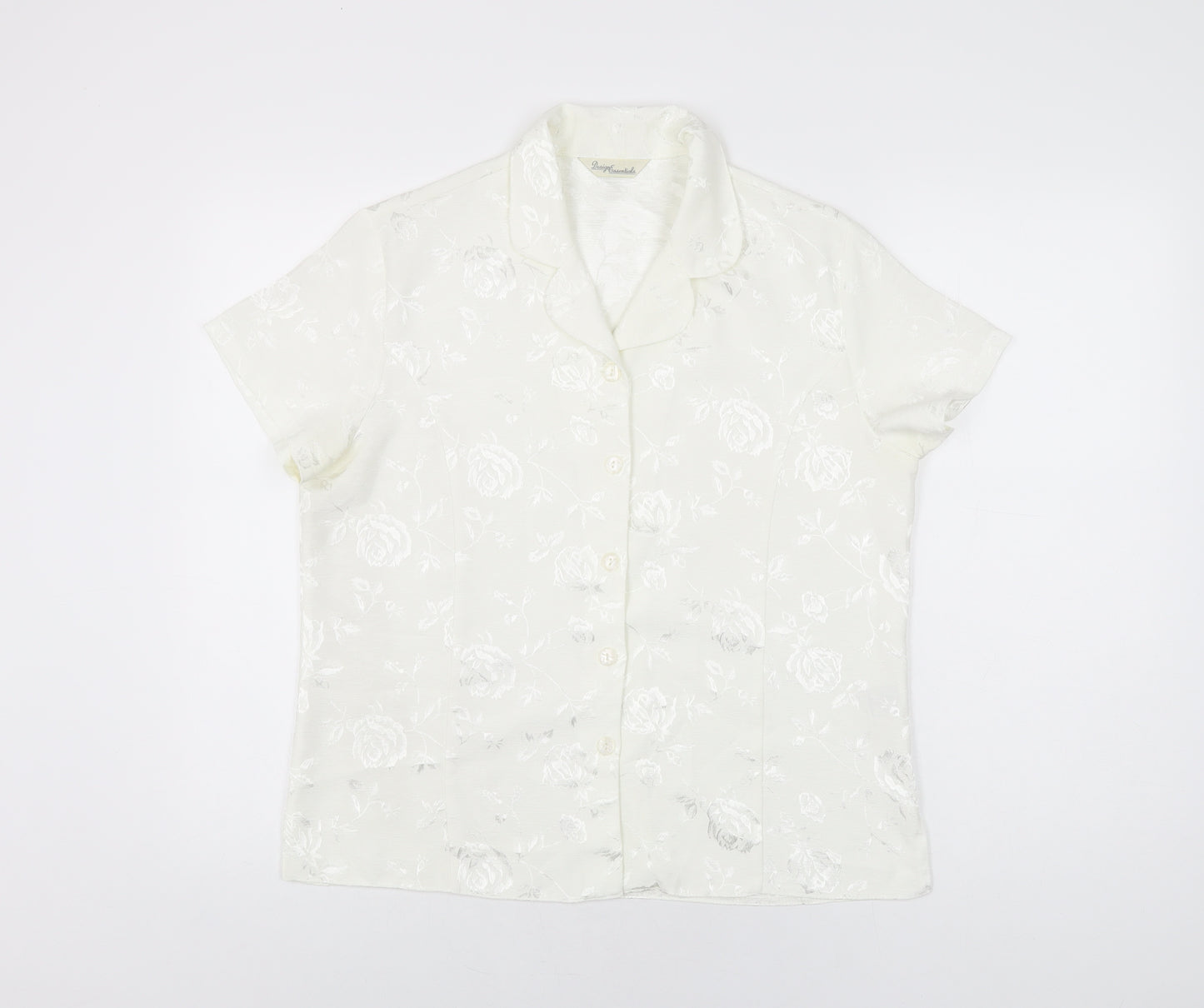 Design Essentials Womens White Floral Polyester Basic Button-Up Size 14 Collared