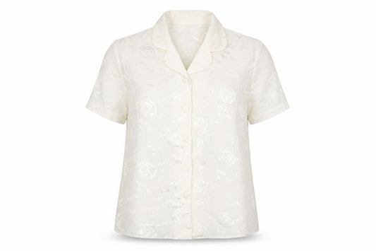 Front view of Design Essentials women’s white floral polyester basic button-up, size UK 14, collared