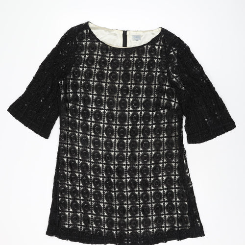 Oasis Womens Black Geometric Viscose Shift Size 16 Round Neck Zip