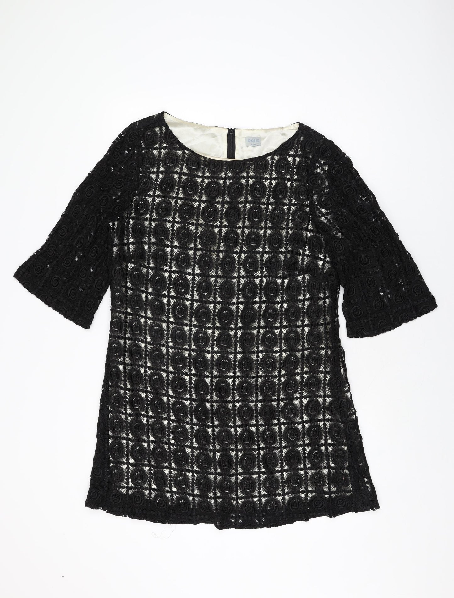 Oasis Womens Black Geometric Viscose Shift Size 16 Round Neck Zip