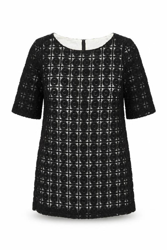 Front view of Oasis women’s black geometric viscose shift, size UK 16, round neck zip
