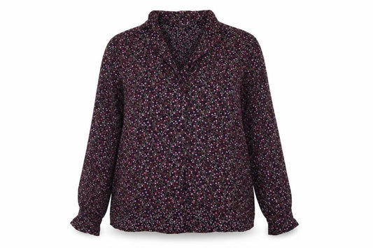 Front view of Holmewood women’s blue floral viscose basic button-up, size UK 16, collared