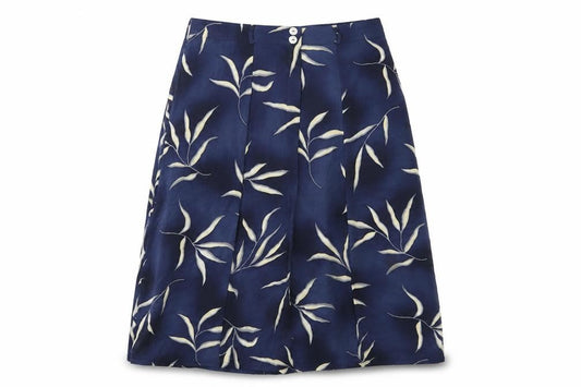 Front view of Verse women’s blue geometric viscose swing skirt, size UK 16, zip