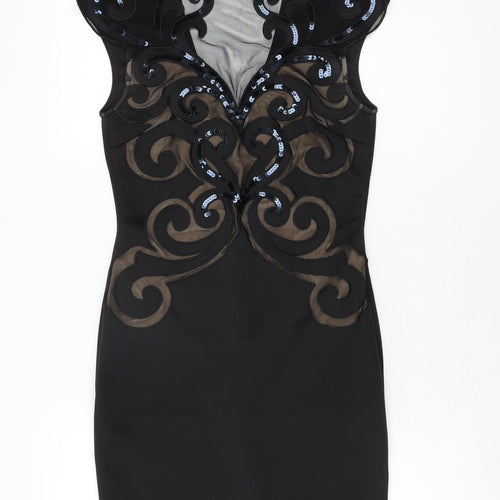 Lipsy Womens Black Geometric Polyester Bodycon Size 10 Round Neck Zip