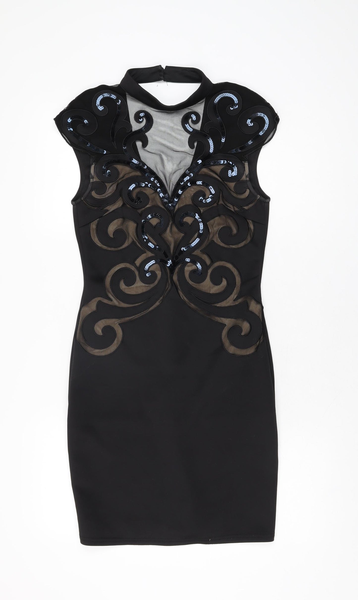 Lipsy Womens Black Geometric Polyester Bodycon Size 10 Round Neck Zip