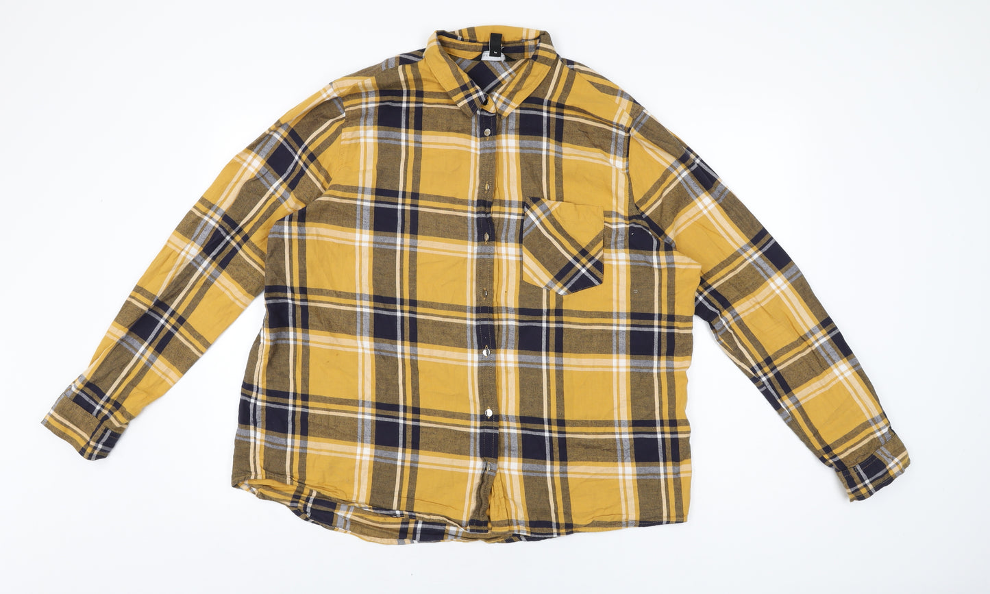 New Look Womens Yellow Plaid Cotton Basic Button-Up Size 16 Collared
