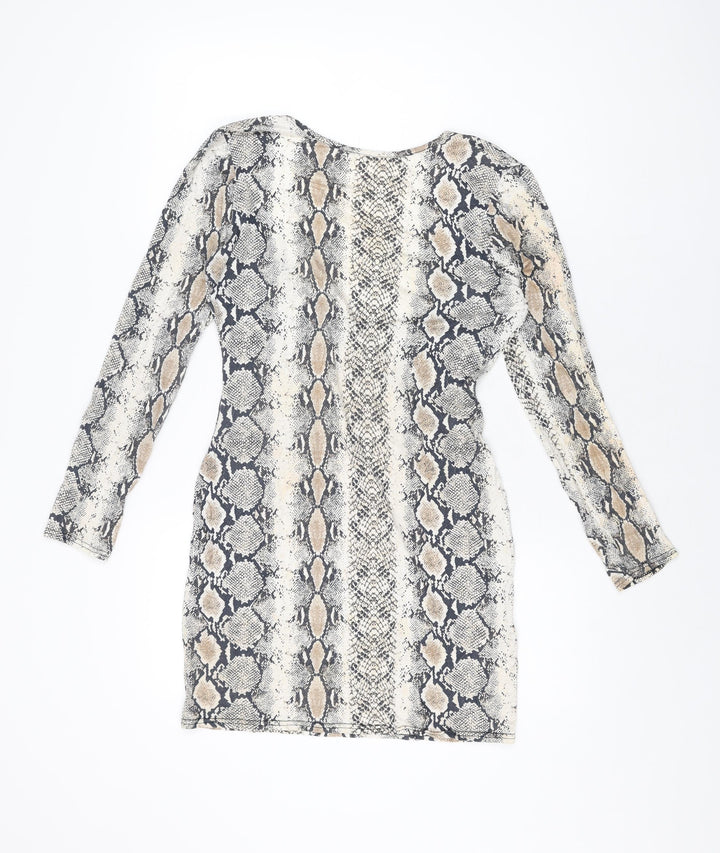Missguided Womens Beige Animal Print Viscose Bodycon Size 14 Round Neck Pullover