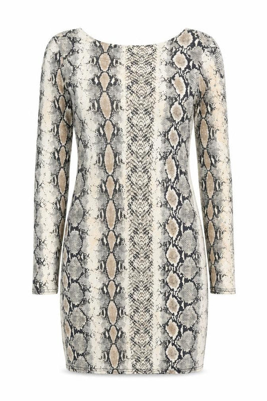 Front view of Missguided women’s beige animal print viscose bodycon, size UK 14, round neck pullover