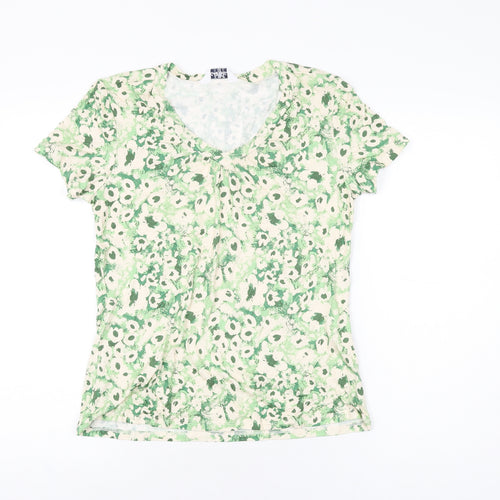 Classic Womens Ivory Floral Viscose Basic T-Shirt Size 10 V-Neck