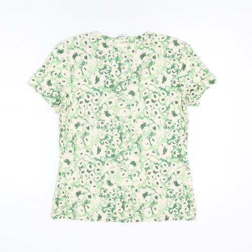 Classic Womens Ivory Floral Viscose Basic T-Shirt Size 10 V-Neck