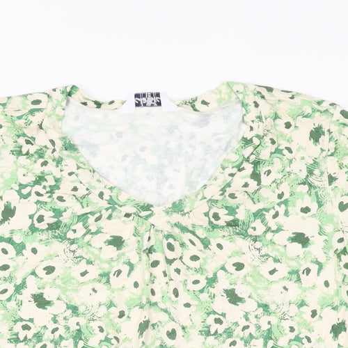 Classic Womens Ivory Floral Viscose Basic T-Shirt Size 10 V-Neck