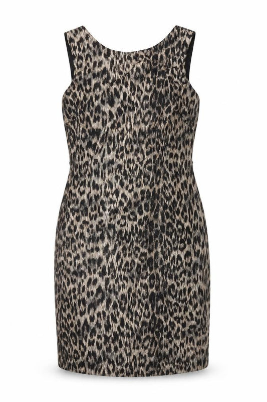 Front view of Planet women’s beige geometric polyester bodycon, size UK 14, round neck zip