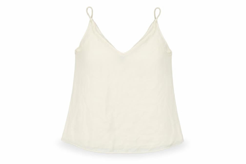 Front view of H&M women’s ivory polyester camisole t-shirt, size UK 8, v-neck