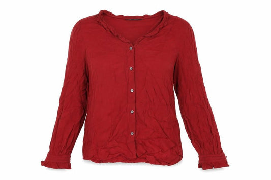 Front view of Marks & Spencer women’s red viscose basic button-up, size UK 10, v-neck