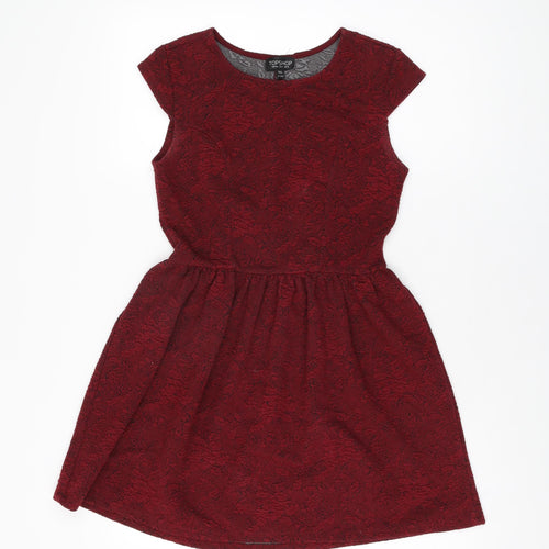 Topshop Womens Red Floral Polyester Skater Dress Size 8 Round Neck Pullover