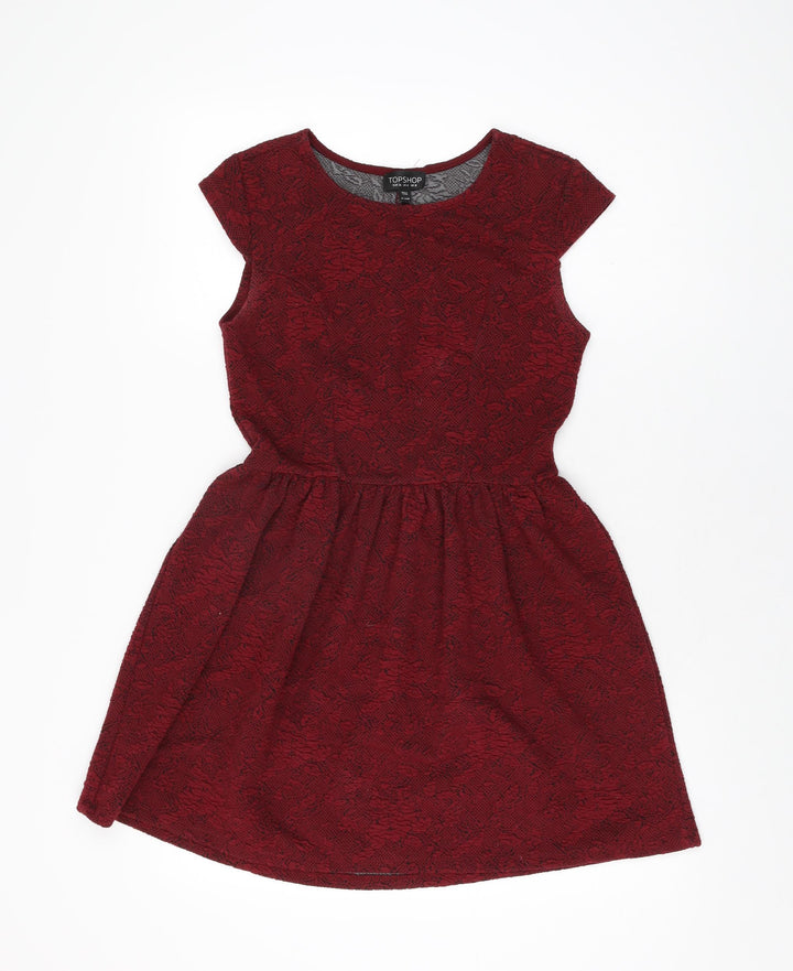 Topshop Womens Red Floral Polyester Skater Dress Size 8 Round Neck Pullover