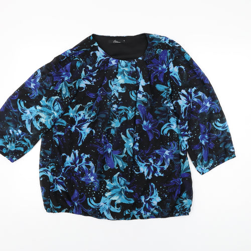 BM Collection Womens Black Floral Polyester Basic Blouse Size 16 Round Neck