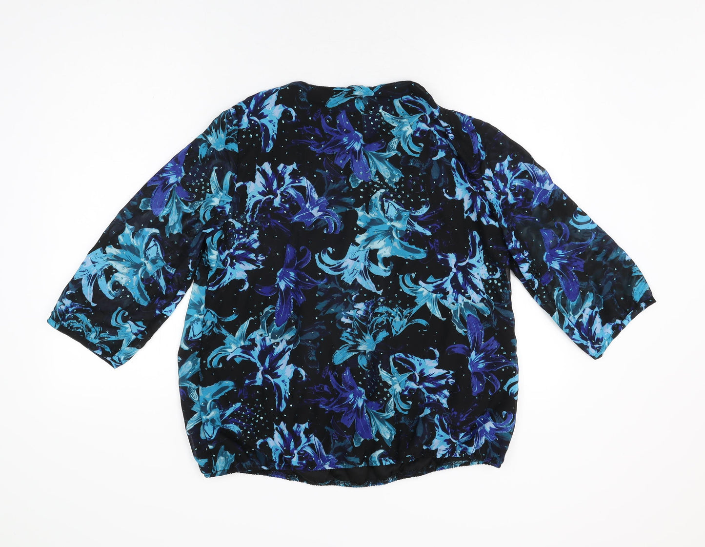BM Collection Womens Black Floral Polyester Basic Blouse Size 16 Round Neck