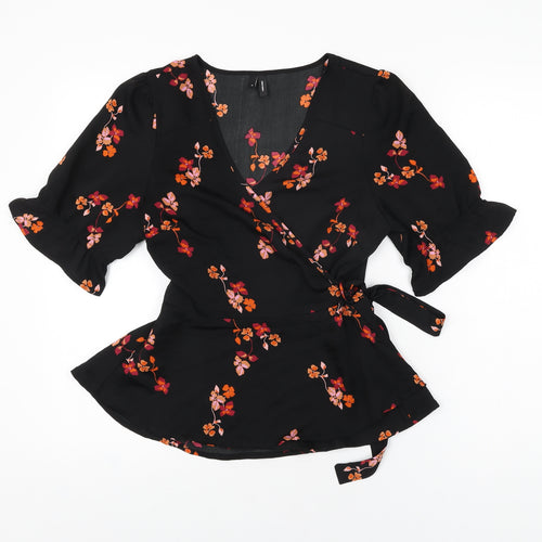 VERO MODA Womens Black Floral Polyester Wrap Blouse Size M V-Neck